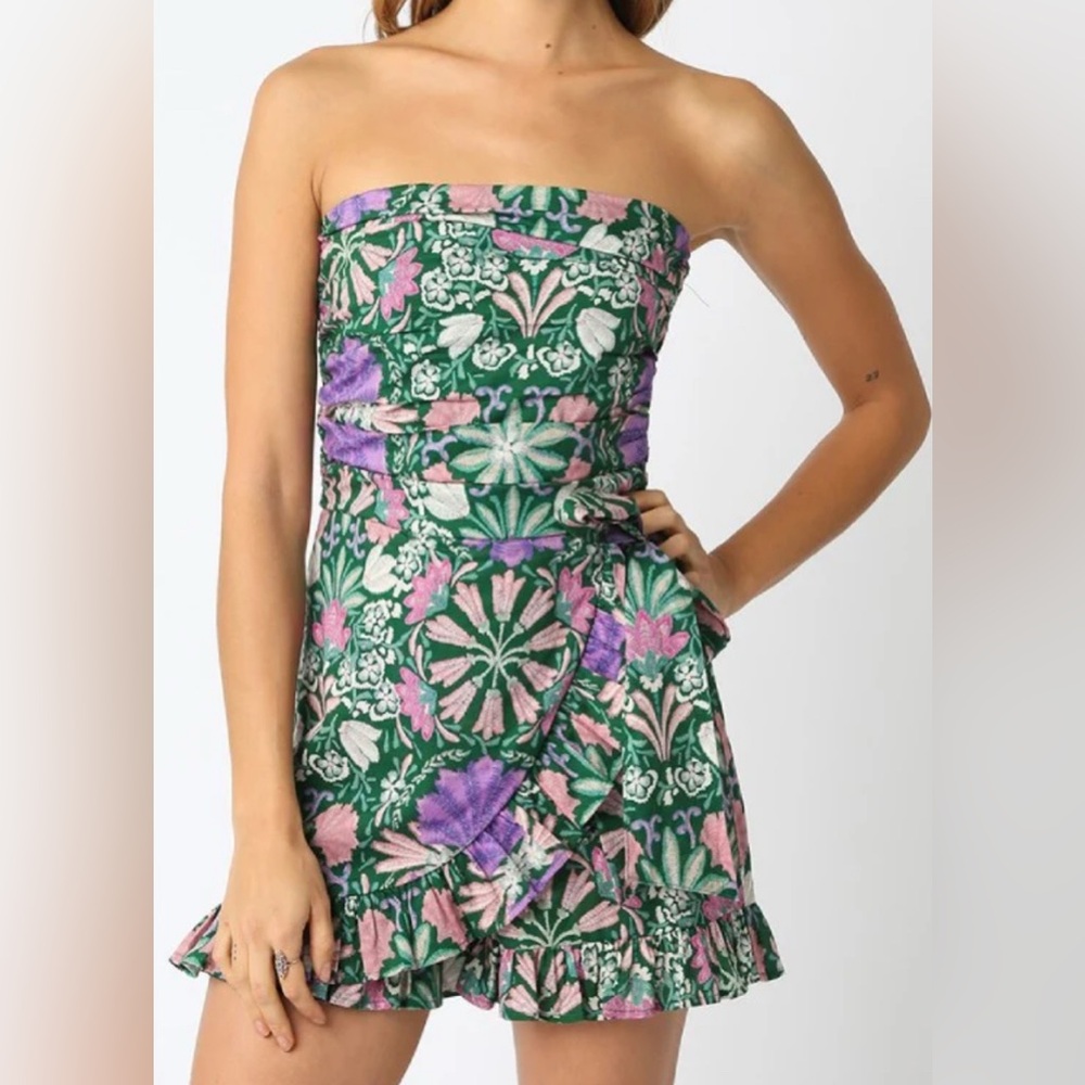 Floral Strapless Dress - Green, Pink, and Purple